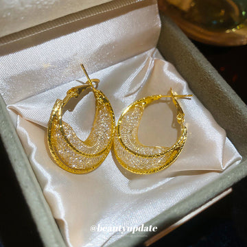 Gold Tone Mesh Hoop Earrings with Layered Openwork Design