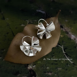 Silver Ruffled Petal Drop Earrings Polished Metal Hooks