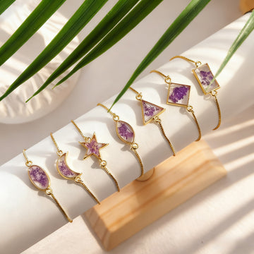 Gold Geometric Purple Dried Flower Bracelets 7 Shapes