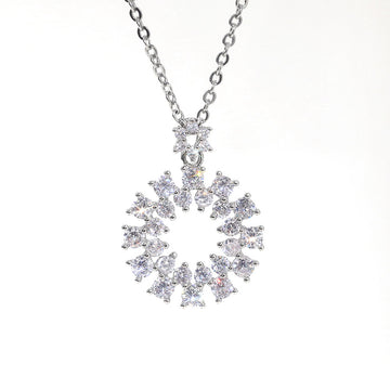 Silver Tone Open Floral Wreath Pendant Necklace With Polished Clear Stone Detail