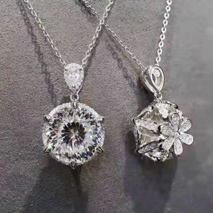 Silver Tone Six Prong Round Crystal Pendant Necklace
