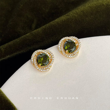 Olive Green Round Crystal Halo Stud Earrings Gold Tone