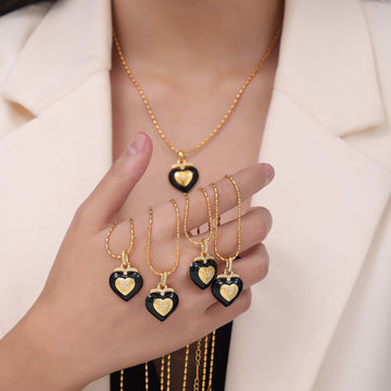 Black Enamel Heart Pendant Necklace Gold Bead Chain CZ