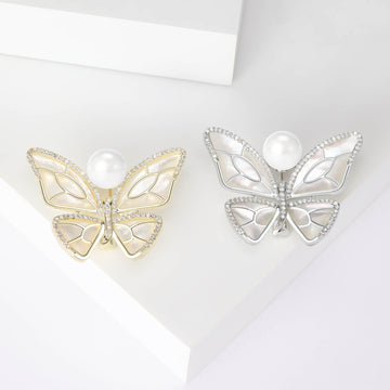 Mother of Pearl Butterfly Brooch Pearl Body Silver Gold
