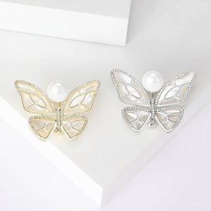 Mother of Pearl Butterfly Brooch Pearl Body Silver Gold