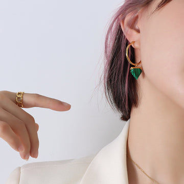 Gold Hoop Earrings Green Turquoise Triangle Drop Charm