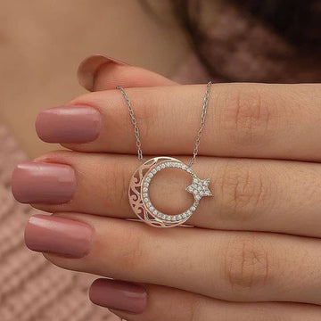 Rose Gold Crescent Moon Star Open CZ Pendant Necklace