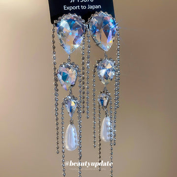 Iridescent Crystal Teardrop Pearl and Chain Tassel Earrings