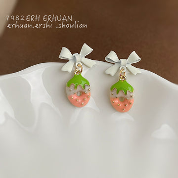 White Bow Strawberry Enamel Drop Earrings Gold Seed Accents