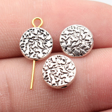 Antique Silver Metal Textured Flat Round Bead For Jewelry Making