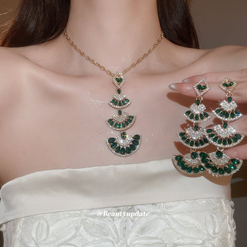 Gold Fan Crystal Drop Necklace And Post Earring Styles