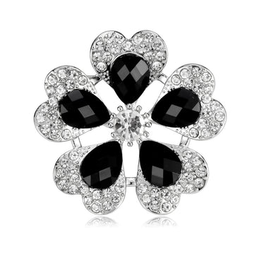 Black White Flower Crystal Metal Brooch Pin for Jackets and Lapels