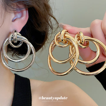 Triple Interlocking Ring Drop Stud Earrings in Gold and Silver