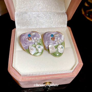 Purple and Green Painted Floral Square Stud Earrings