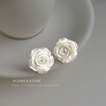 White Pearlescent Layered Rose Clear Stone Center Stud Earrings