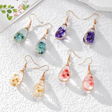 Teardrop Resin Dried Flower Wire Wrap Earrings 4 Colors