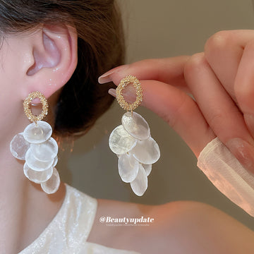 Gold Circle Stud Earrings With White Shell Disc Cascades