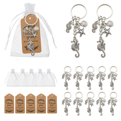 Collage showing an ocean charm keychain, organza bags, thank-you tags and multiple assembled keychains.