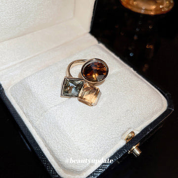 Gold Tone Open Ring With Brown Champagne And Smoky Geometric Stones