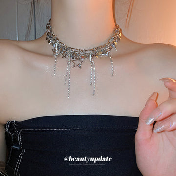 Silver Star Rhinestone Fringe Choker Necklace One Style