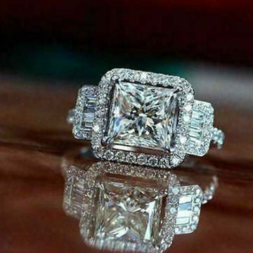 Square White Stone Ring with Stepped Pavé Halo and Band