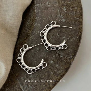 Silver Thick C Hoop Outer Chain Link Earrings Style
