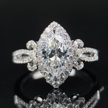 Silver Tone Marquise CZ Halo Openwork Band Finger Ring