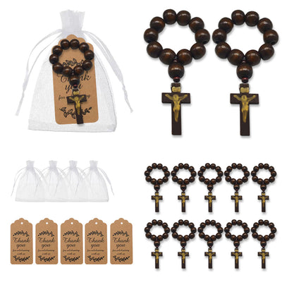 Packaging overview shows the dark wood bead rosary loop with an organza bag and kraft tags.