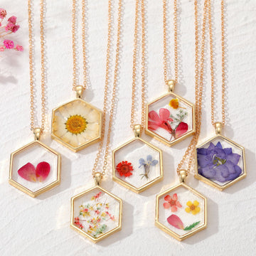 Gold Tone Hexagon Pressed Flower Pendant Necklaces in Seven Designs