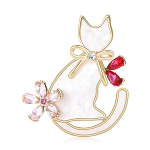 White Board Cat Brooch Rhinestone Flower Bow Gold Silver
