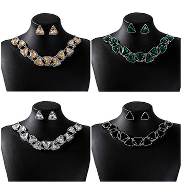 Geometric Triangle Necklace Earring Sets Four Crystal Colors