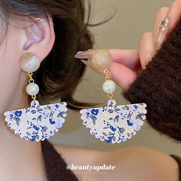 Blue Floral Fan and Pearl Drop Stud Earrings with Detailed Finish