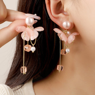 Pink Pearl Look Flower and Long Chain Tassel Earrings