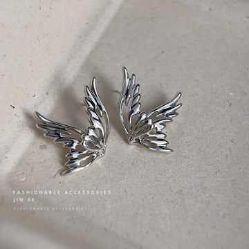 Silver Hollow Butterfly Wing Stud Earrings Abstract Pair