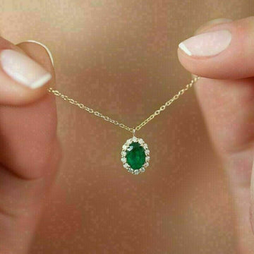Gold Tone Green Oval Halo Pendant Necklace on Fine Chain