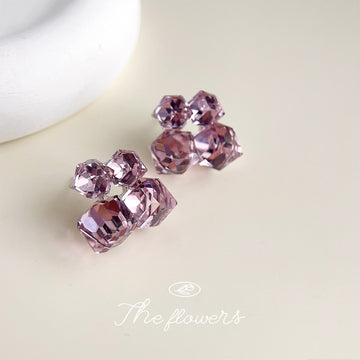 Pink Geometric Cube Glass Crystal Cluster Stud Earrings