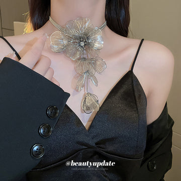 Wire Mesh Flower Cascade Tassel Necklace Gold Silver