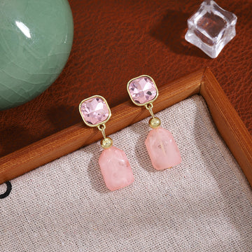 Pink Irregular Stone Look Gold Dangle Stud Earrings