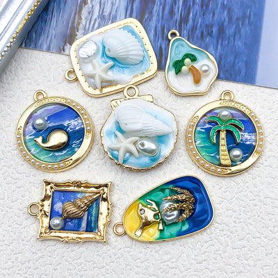 Colorful crab charms arranged on a light background