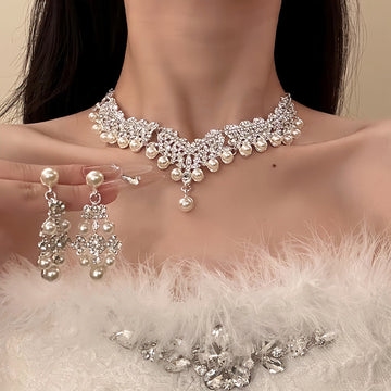 Silver Pearl Rhinestone Flower Necklace And Earring Set