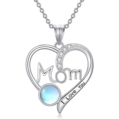 Alternate product view of silver tone mom heart pendant necklace with blue round stone