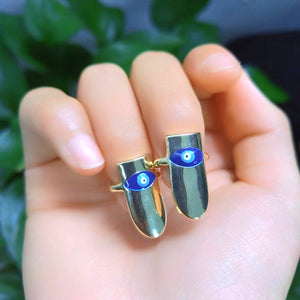 Gold-Tone Blue Evil Eye Fingertip Nail Rings, Adjustable Alloy