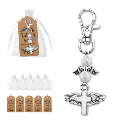 Packaging overview shows the silver angel-wing cross charm with an organza bag and kraft tags.