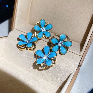 Blue Enamel Flower Cluster Stud Earrings Statement Jewelry Design