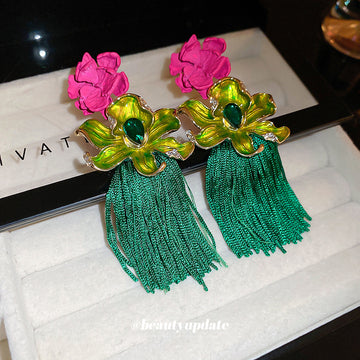 Pink and Green Floral Woven Tassel Earrings Fashion Jewelry