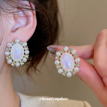 Iridescent Oval Crystal Halo Stud Earrings in Gold Tone
