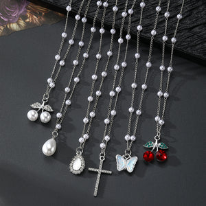 Pearl Station Necklaces with Cherry, Cross, or Butterfly