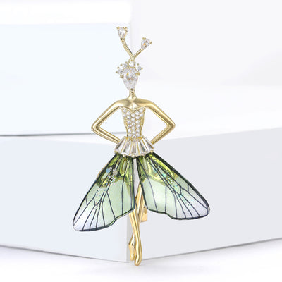 Green wing skirt crystal ballerina girl brooch