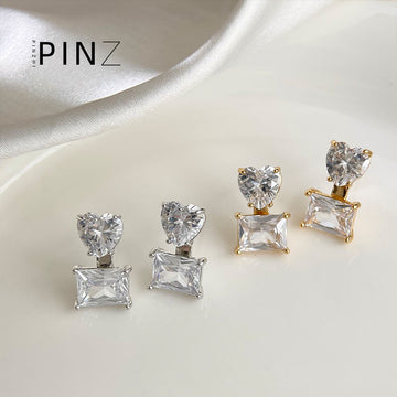 Silver Heart Over Rectangular Clear Crystal Stud Earrings