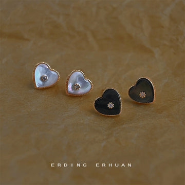 Black Shell Heart Stud Earrings Gold Beaded Rim Center Stone